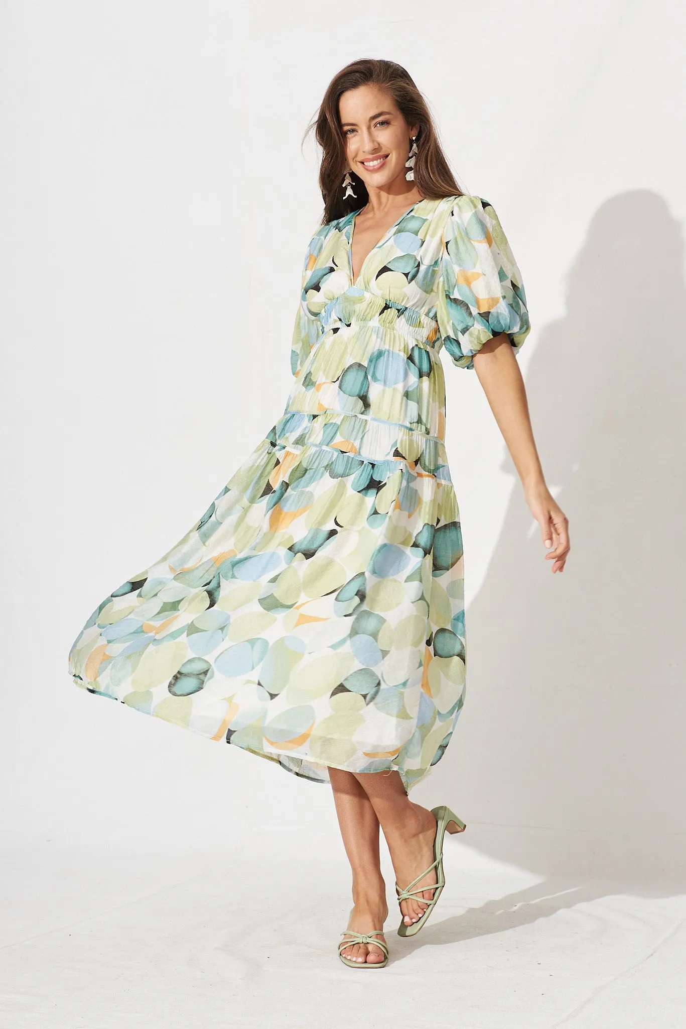 Amalie Midi Dress In Green And Blue Watercolour Print sold by St Frock