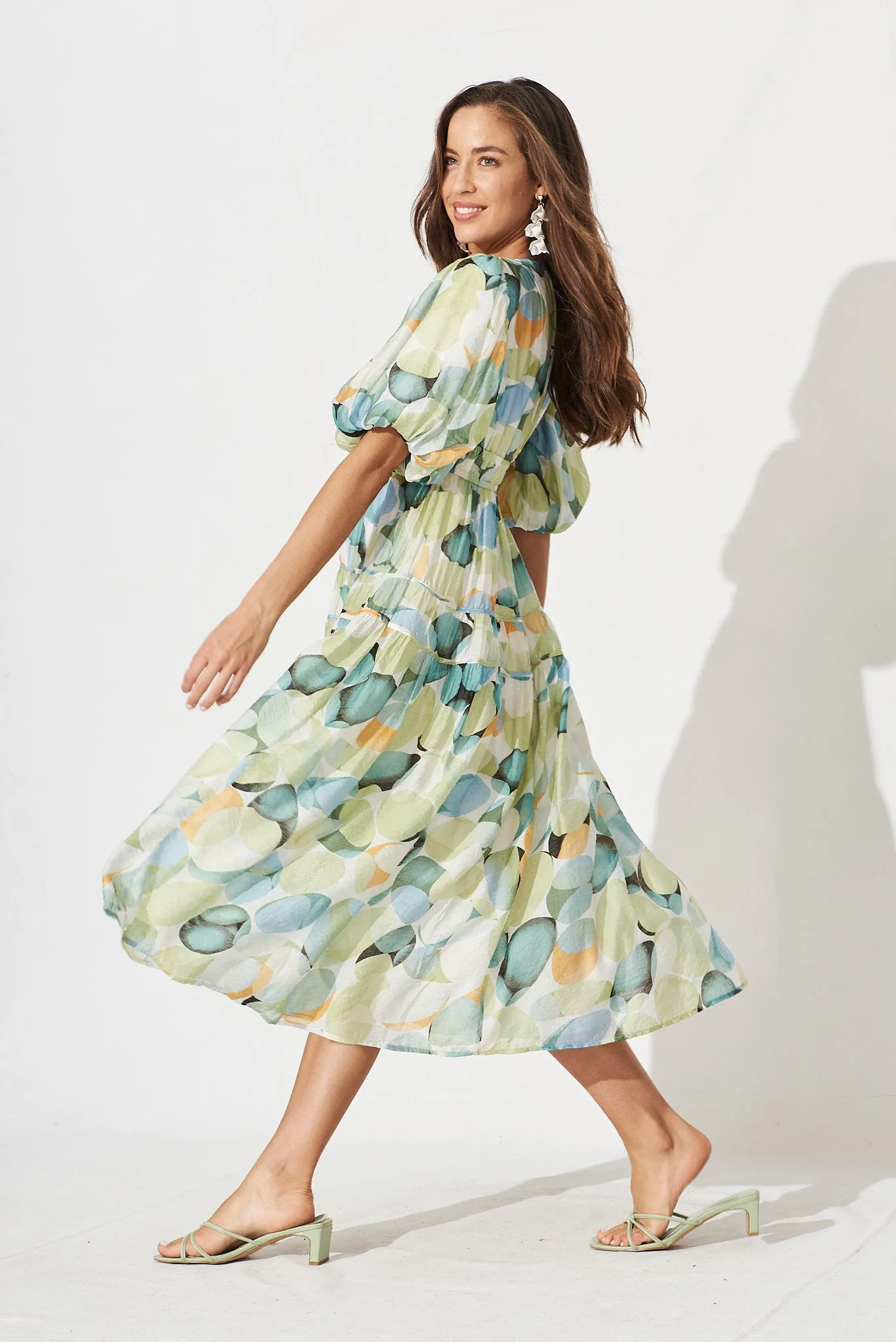 Amalie Midi Dress In Green And Blue Watercolour Print sold by St Frock product image thumbnail 3