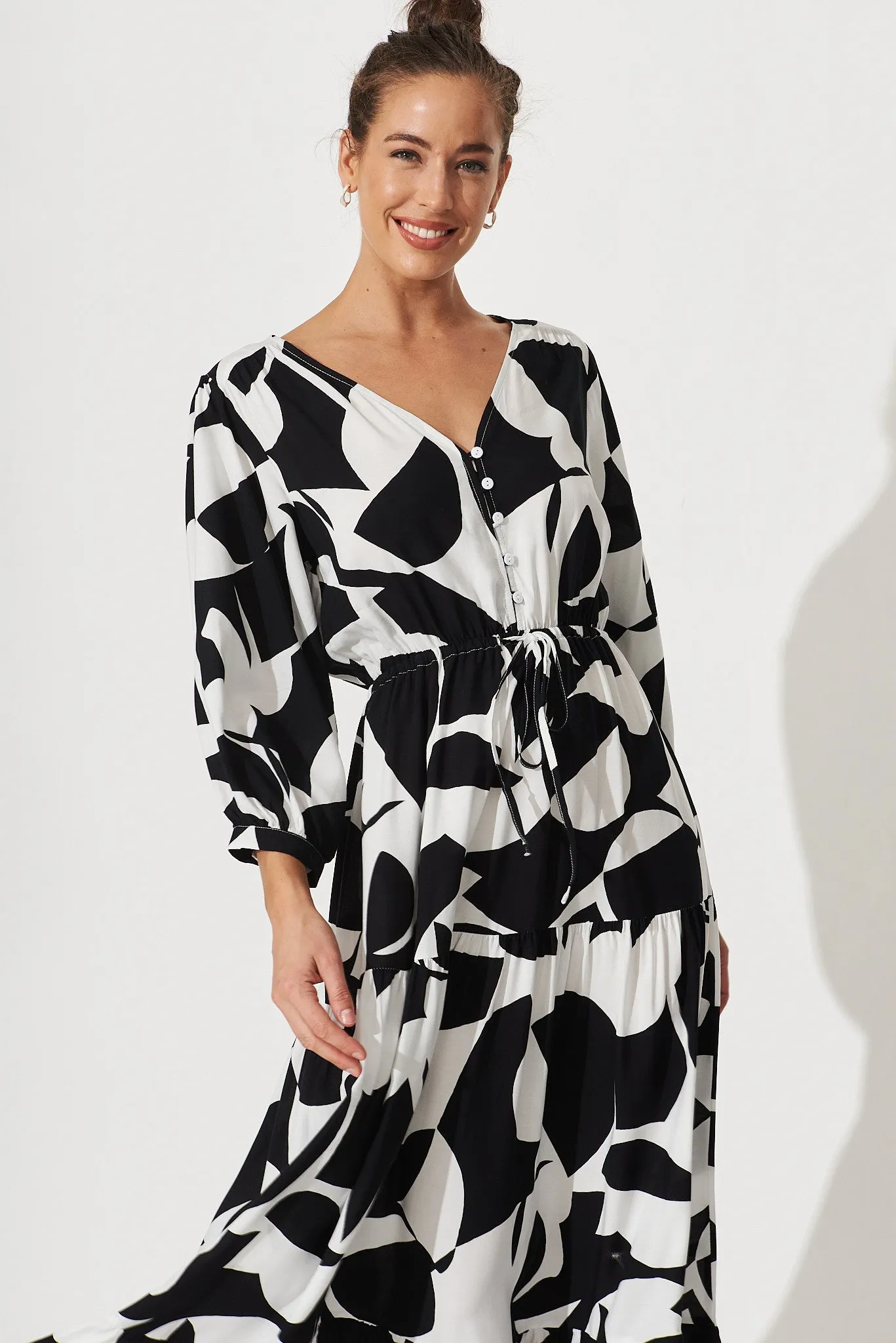 Lucinda Maxi Dress In White With Black Mono Print sold by St Frock product image thumbnail 2