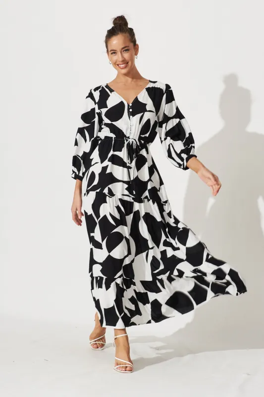 Lucinda Maxi Dress In White With Black Mono Print sold by St Frock