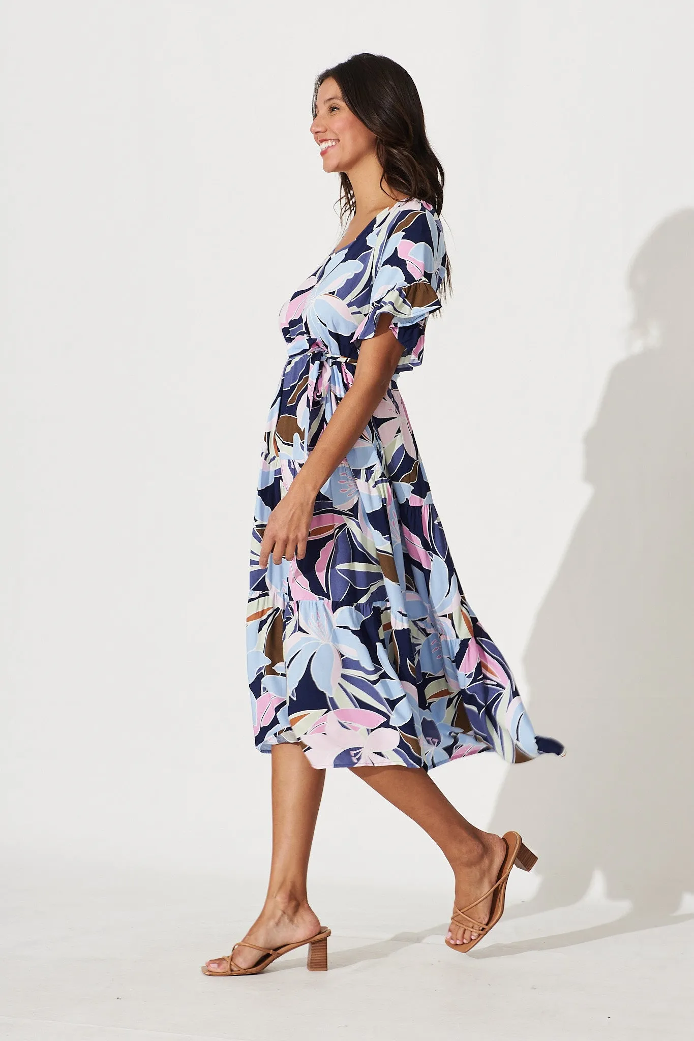 Missy Midi Dress In Blue With Purple Lily Floral Print sold by St Frock product image thumbnail 3