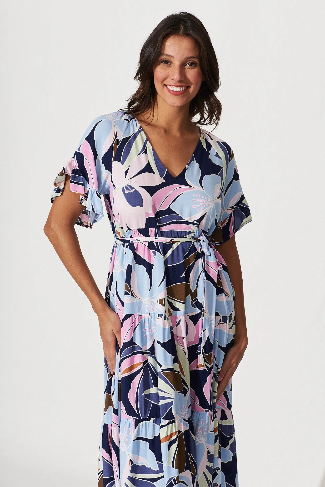 Missy Midi Dress In Blue With Purple Lily Floral Print sold by St Frock product image thumbnail 2