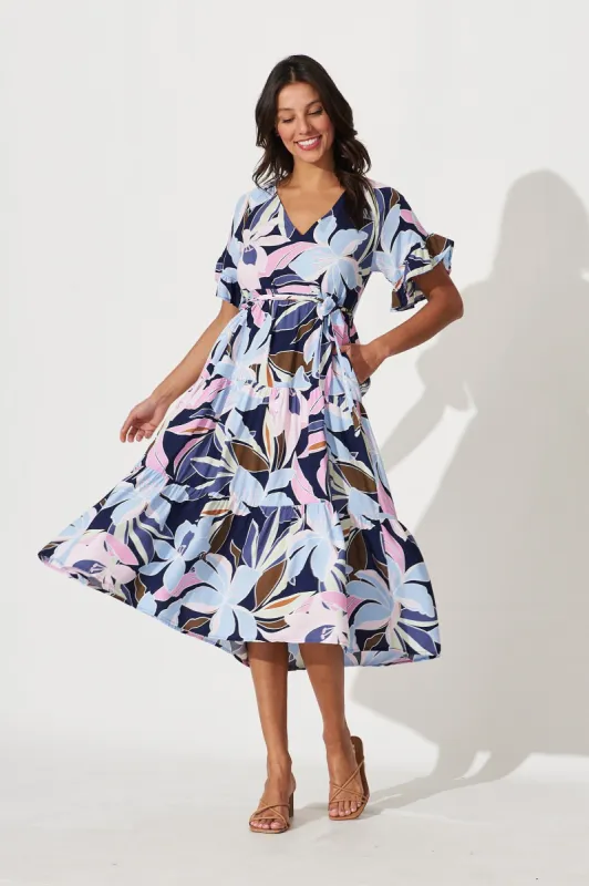 Missy Midi Dress In Blue With Purple Lily Floral Print sold by St Frock