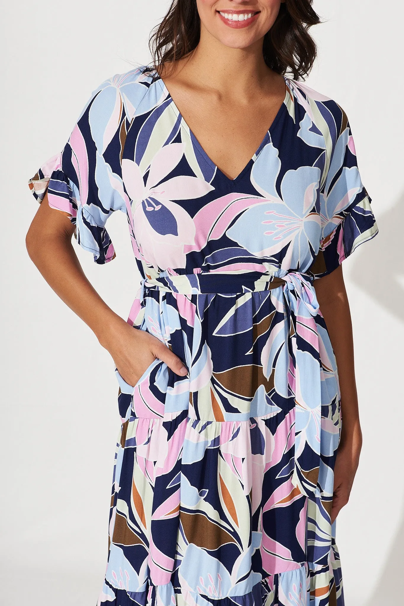 Missy Midi Dress In Blue With Purple Lily Floral Print sold by St Frock product image thumbnail 5