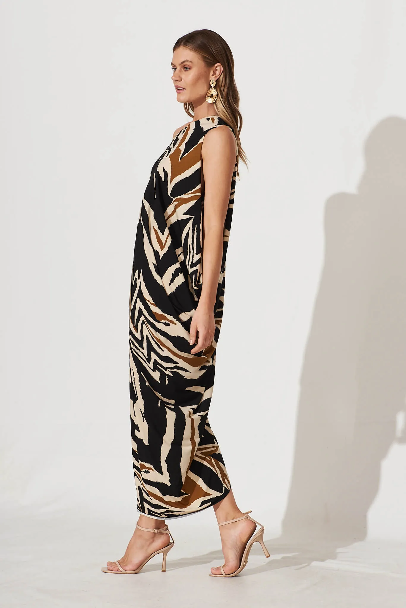 Goddess One Shoulder Maxi Dress In Black And Beige Print sold by St Frock product image thumbnail 4