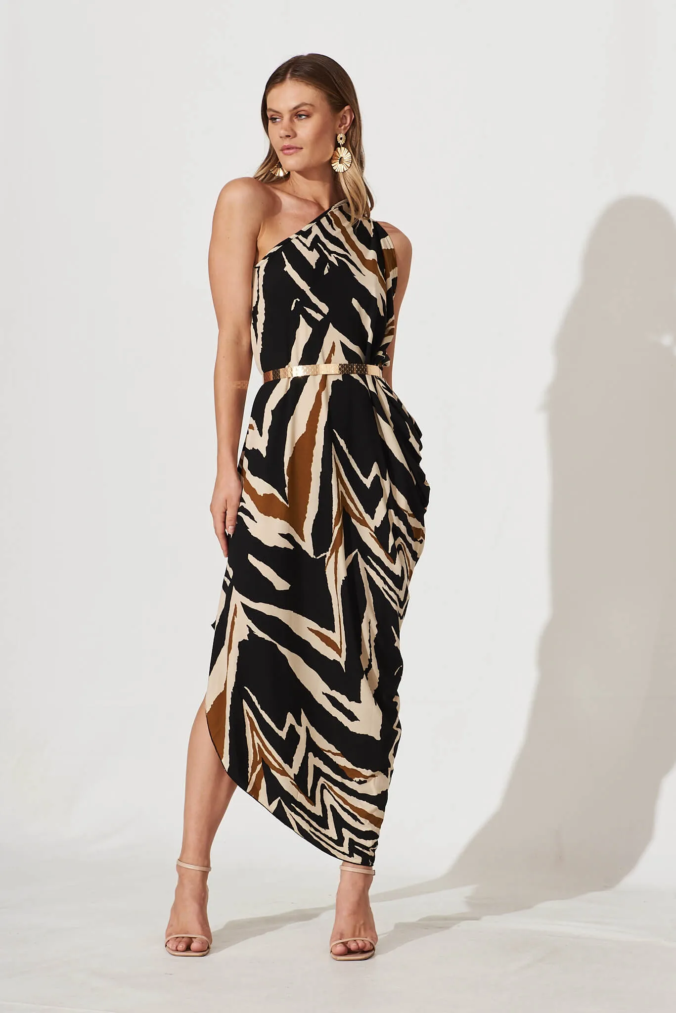 Goddess One Shoulder Maxi Dress In Black And Beige Print sold by St Frock