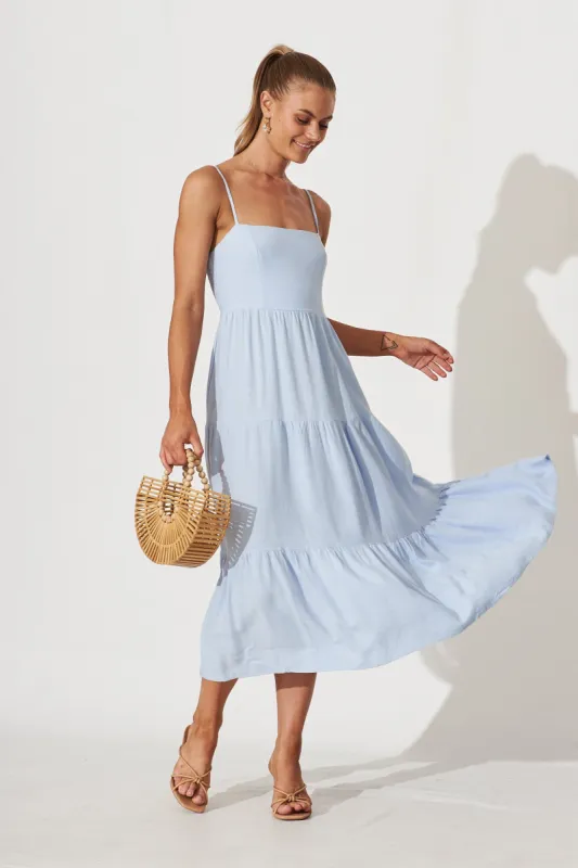 Heavenly Midi Dress In Pale Blue Linen sold by St Frock