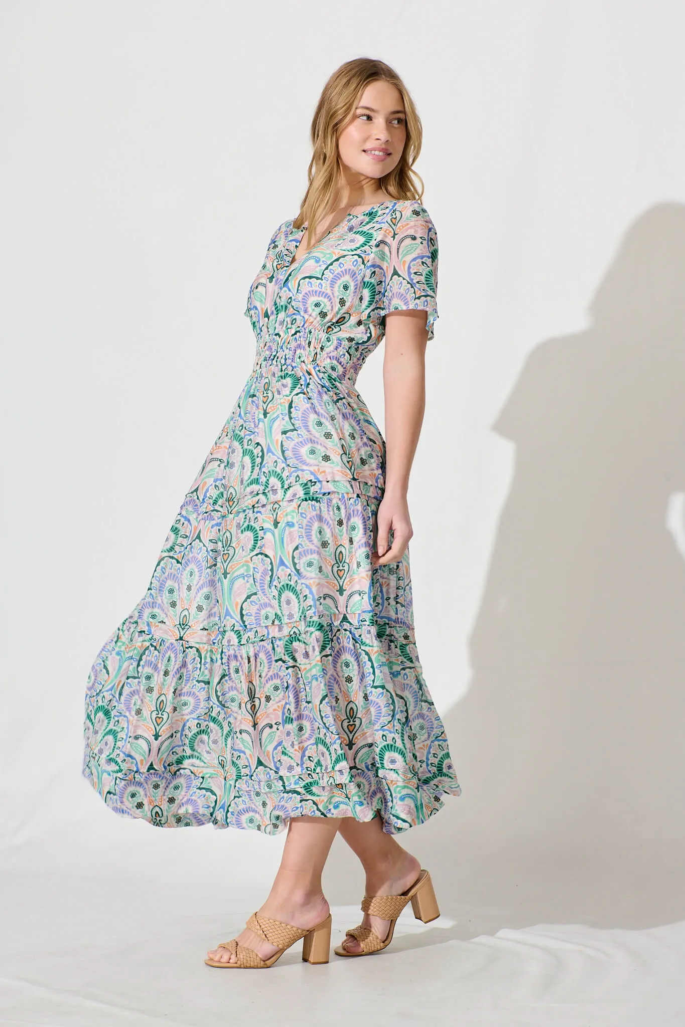 Catania Maxi Dress In Jade And Blue Paisley Print sold by St Frock product image thumbnail 3