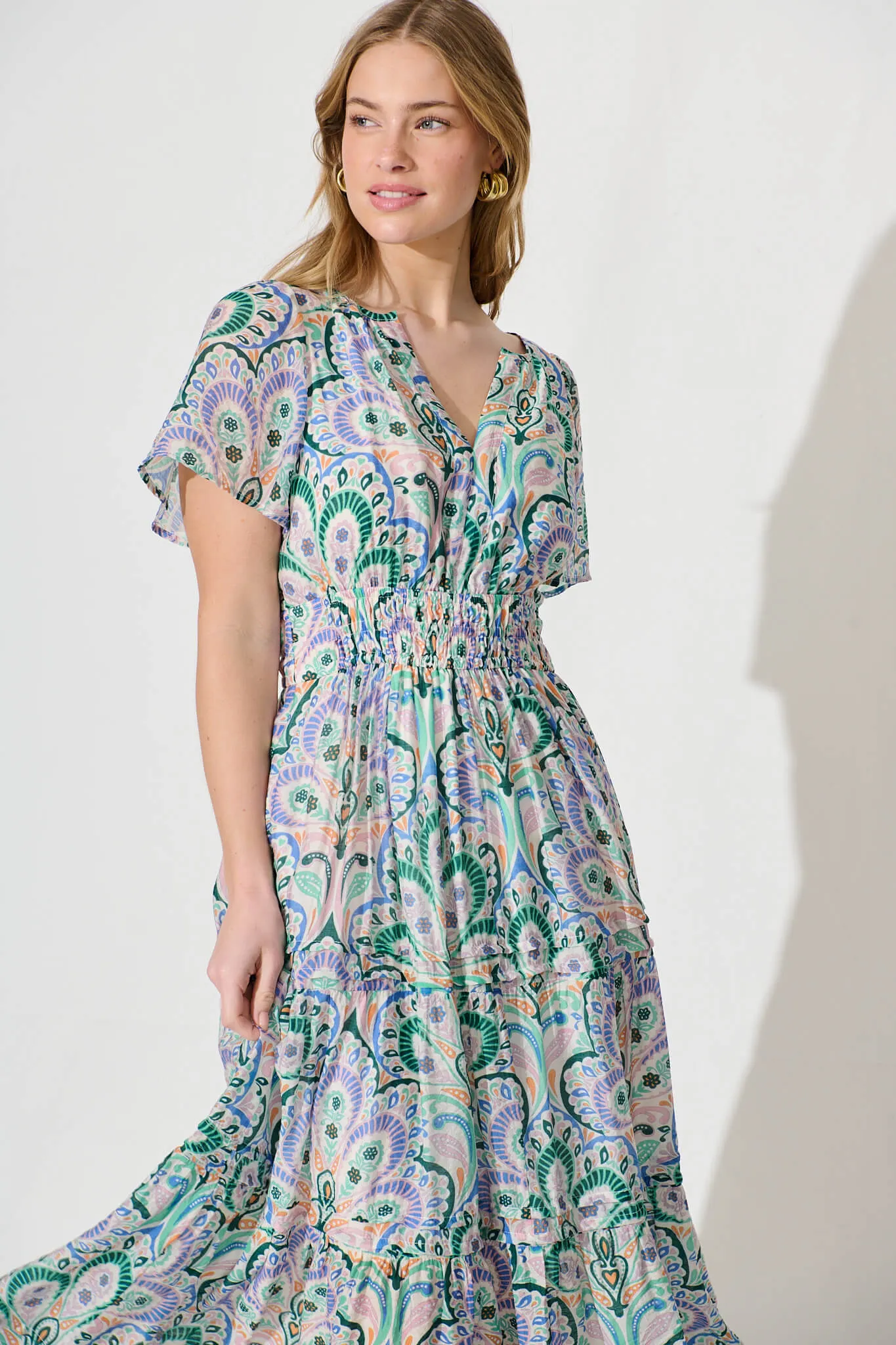 Catania Maxi Dress In Jade And Blue Paisley Print sold by St Frock product image thumbnail 2