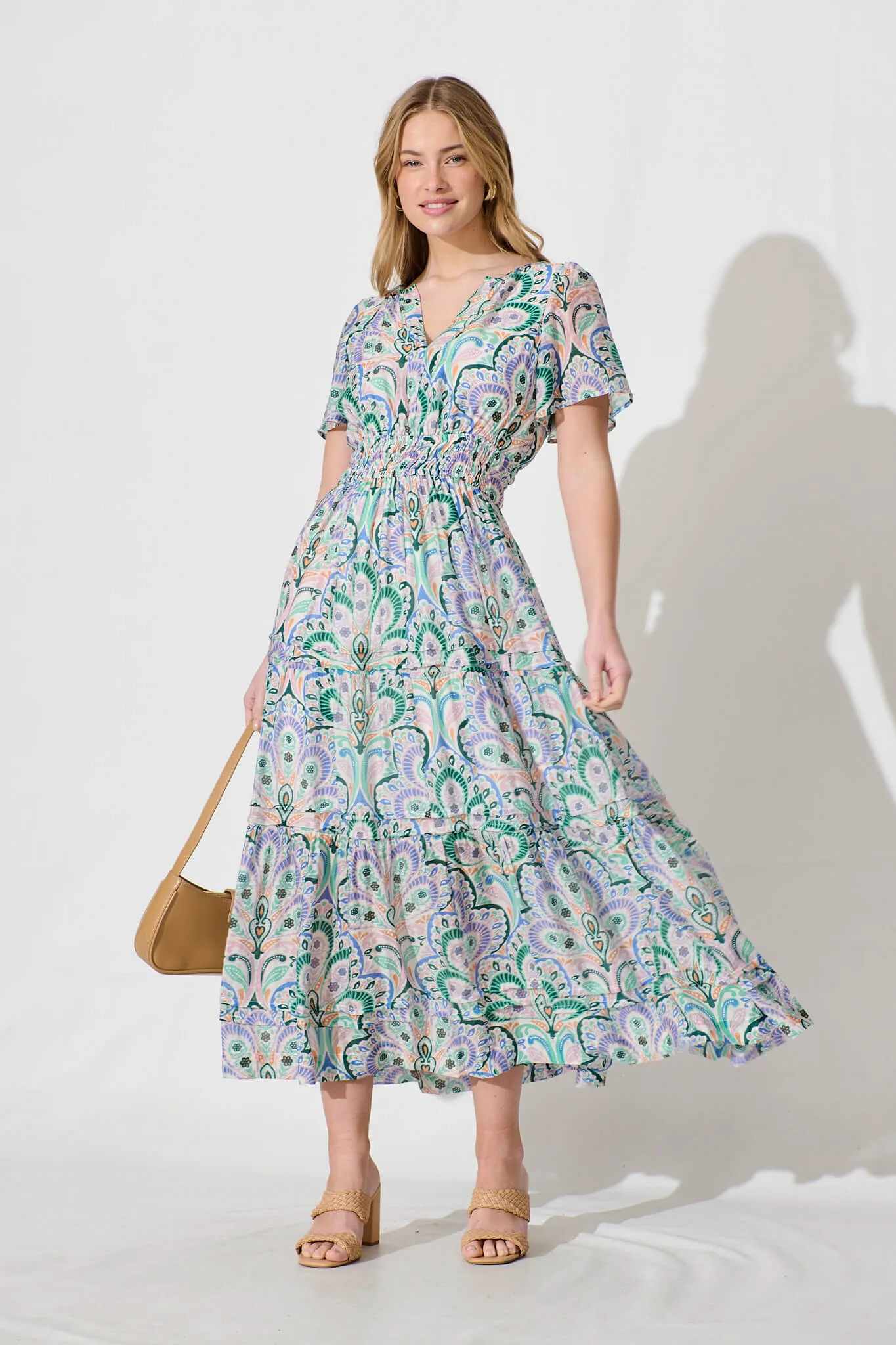 Catania Maxi Dress In Jade And Blue Paisley Print sold by St Frock product image thumbnail 5