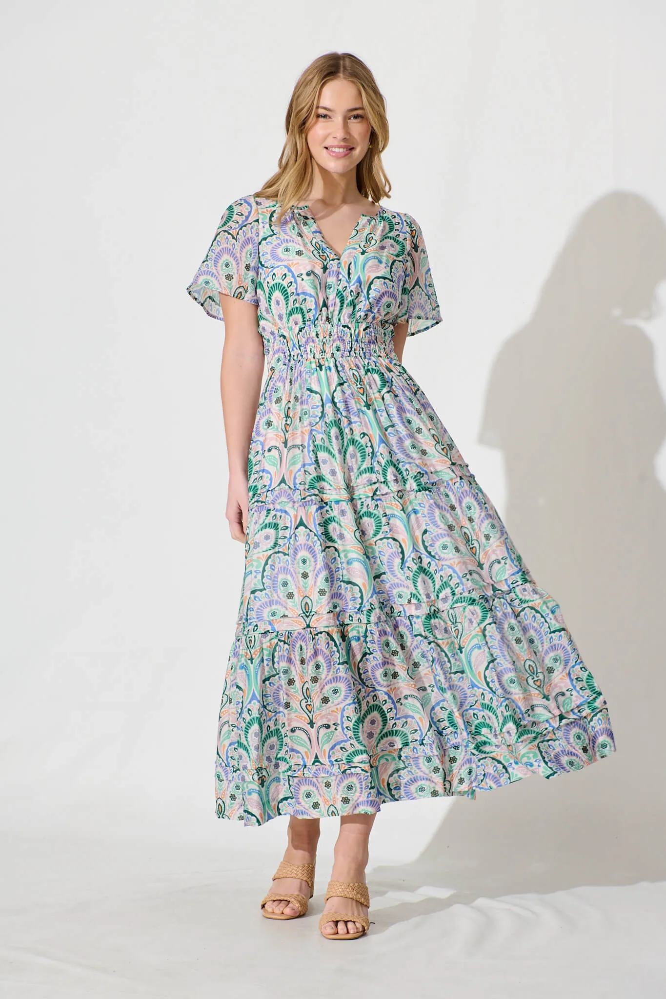 Catania Maxi Dress In Jade And Blue Paisley Print sold by St Frock