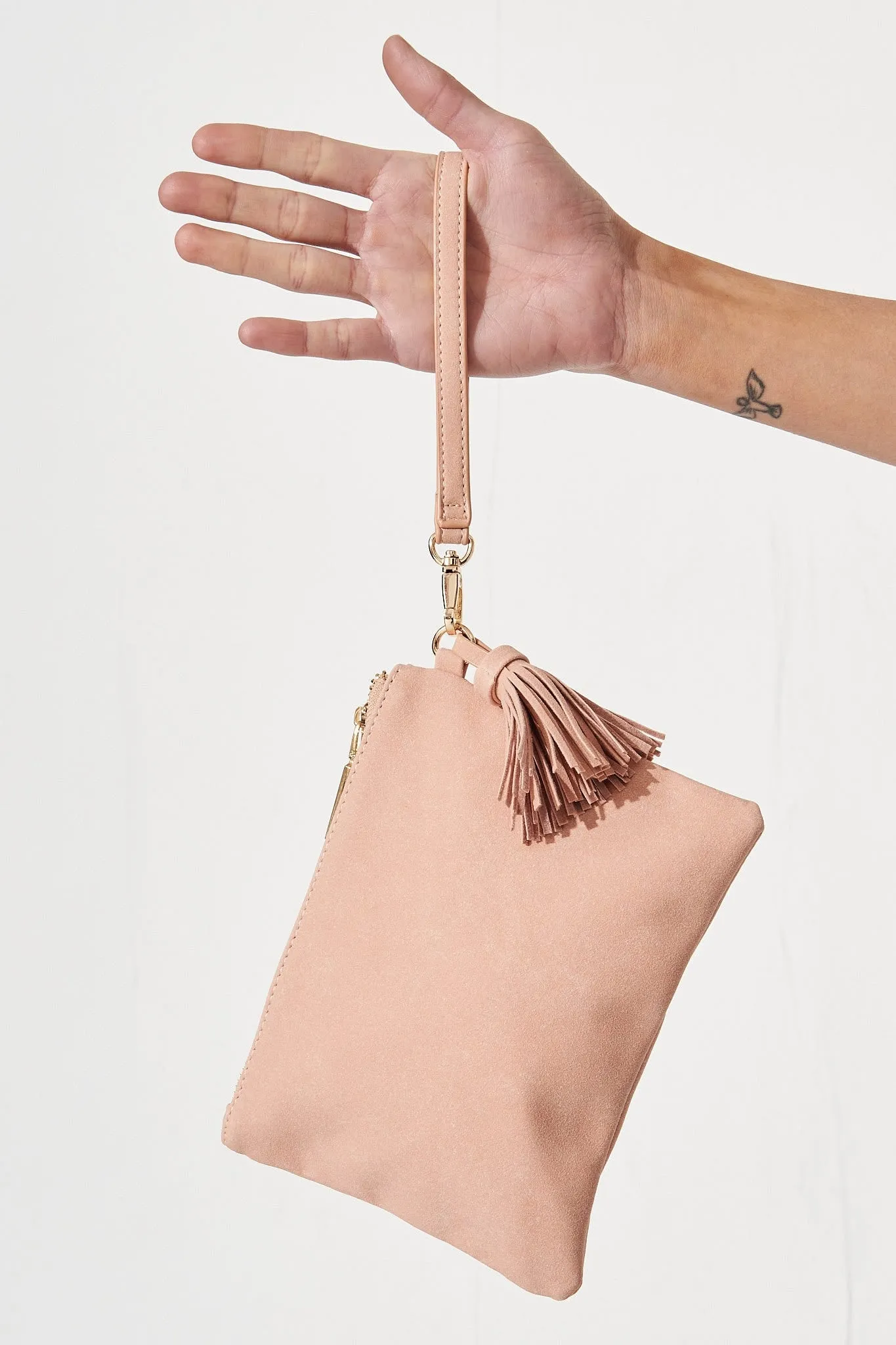 august + delilah Mauvery Clutch in Beige Suedette sold by St Frock