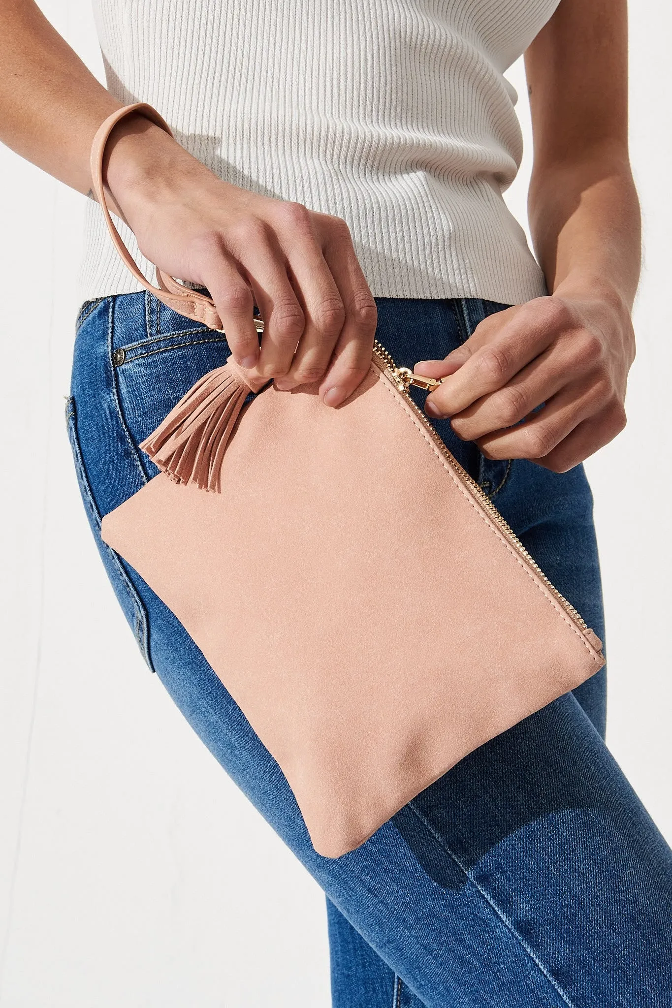 august + delilah Mauvery Clutch in Beige Suedette sold by St Frock product image thumbnail 2