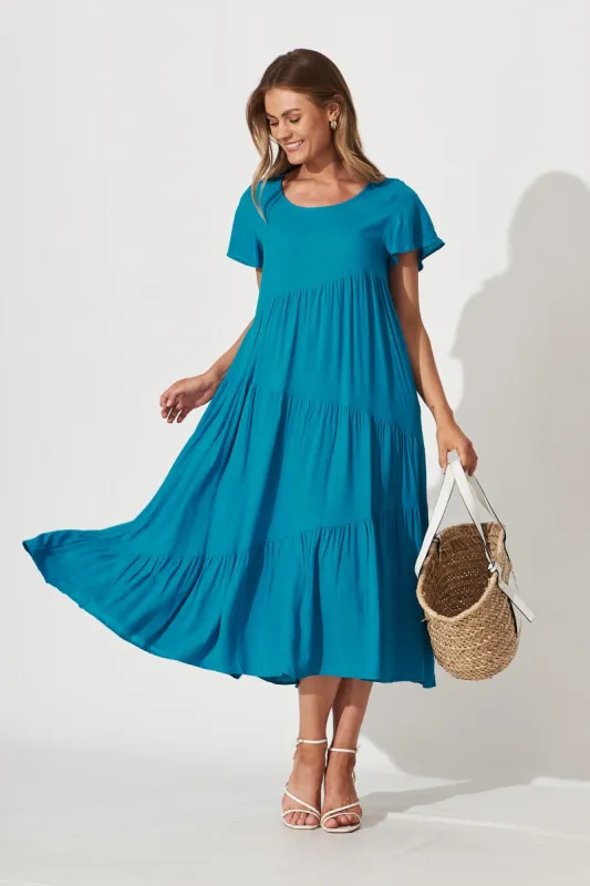 Louisiana Midi Smock Dress In Turquoise Linen Blend sold by St Frock