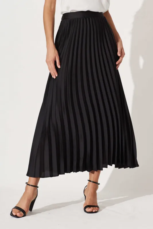 Allison Midi Pleat Skirt In Black Satin sold by St Frock