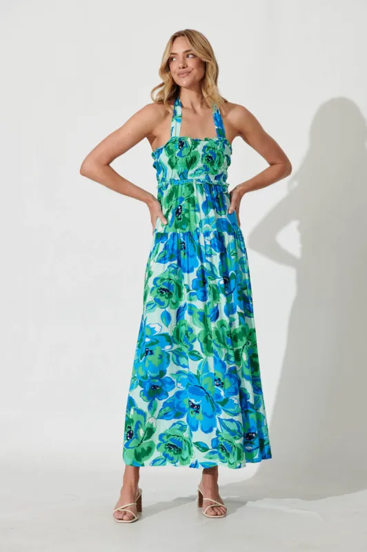 Luisa Maxi Sundress In Blue With Green Floral sold by St Frock