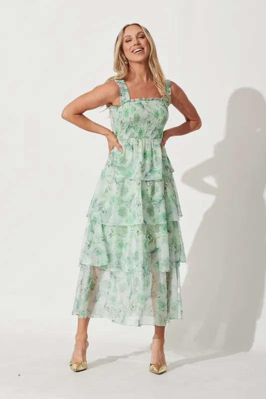 Briony Maxi Dress In Green Watercolour Floral Chiffon sold by St Frock