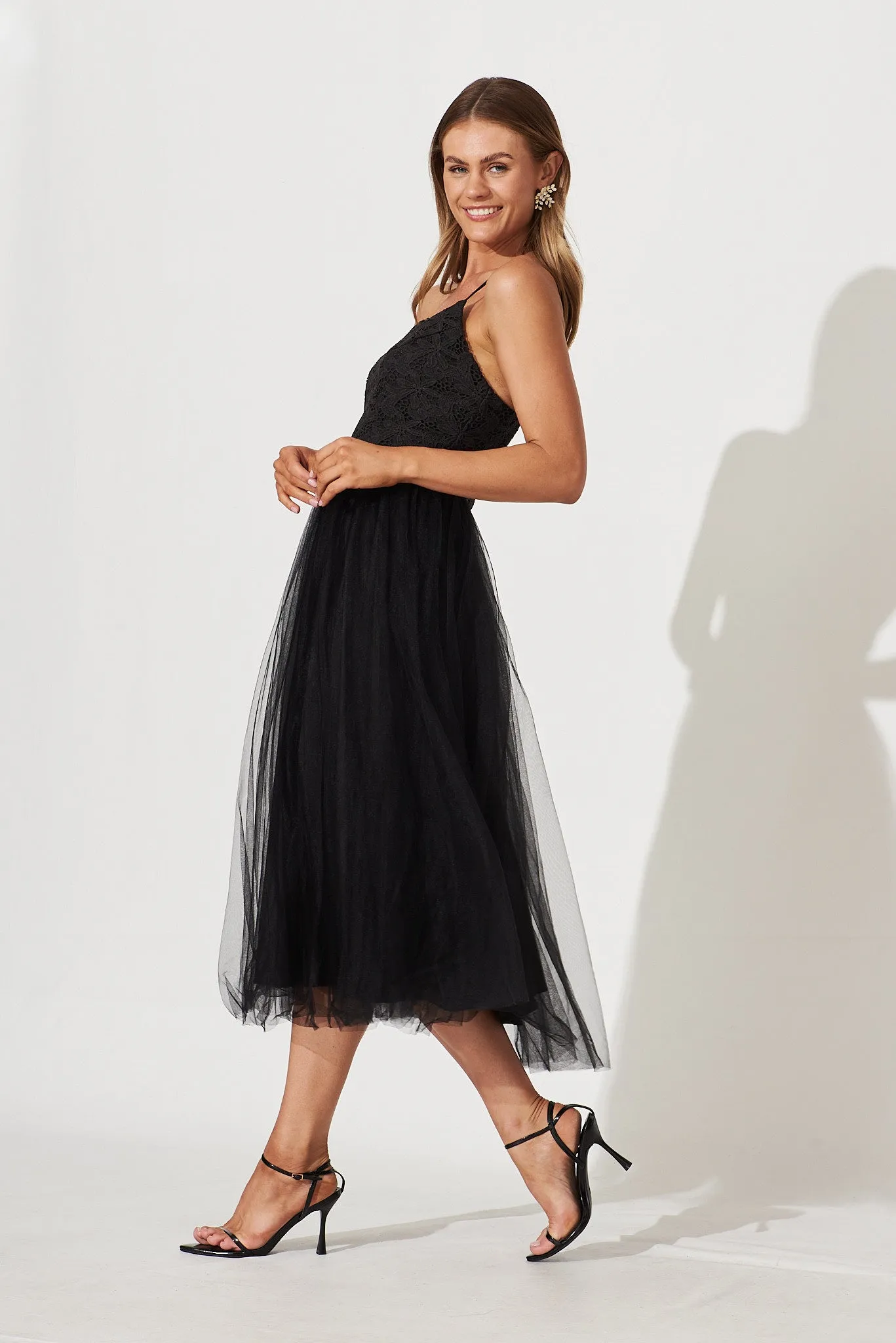 Chloe Midi Dress In Black Lace And Tulle Skirt sold by St Frock product image thumbnail 3