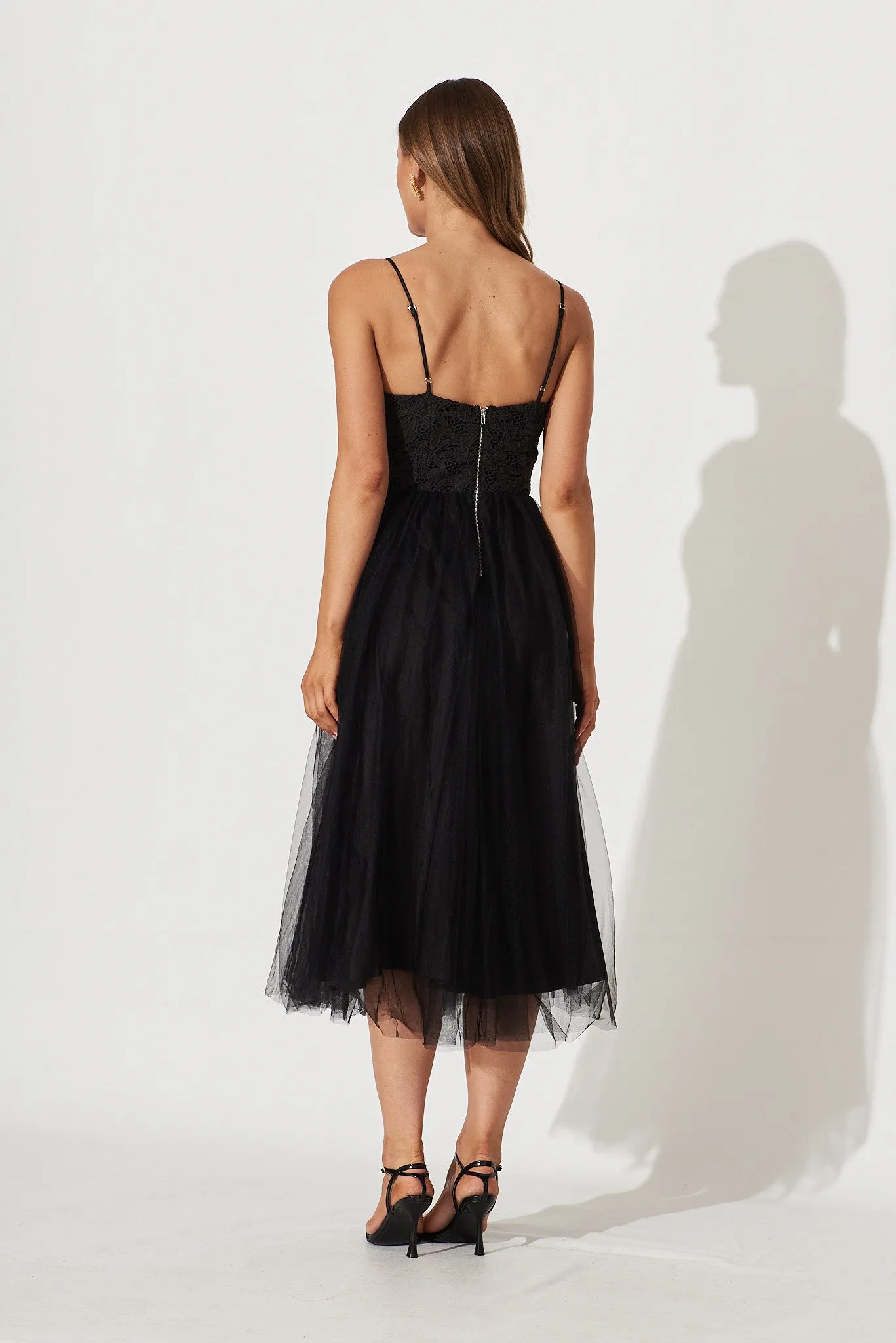Chloe Midi Dress In Black Lace And Tulle Skirt sold by St Frock product image thumbnail 4