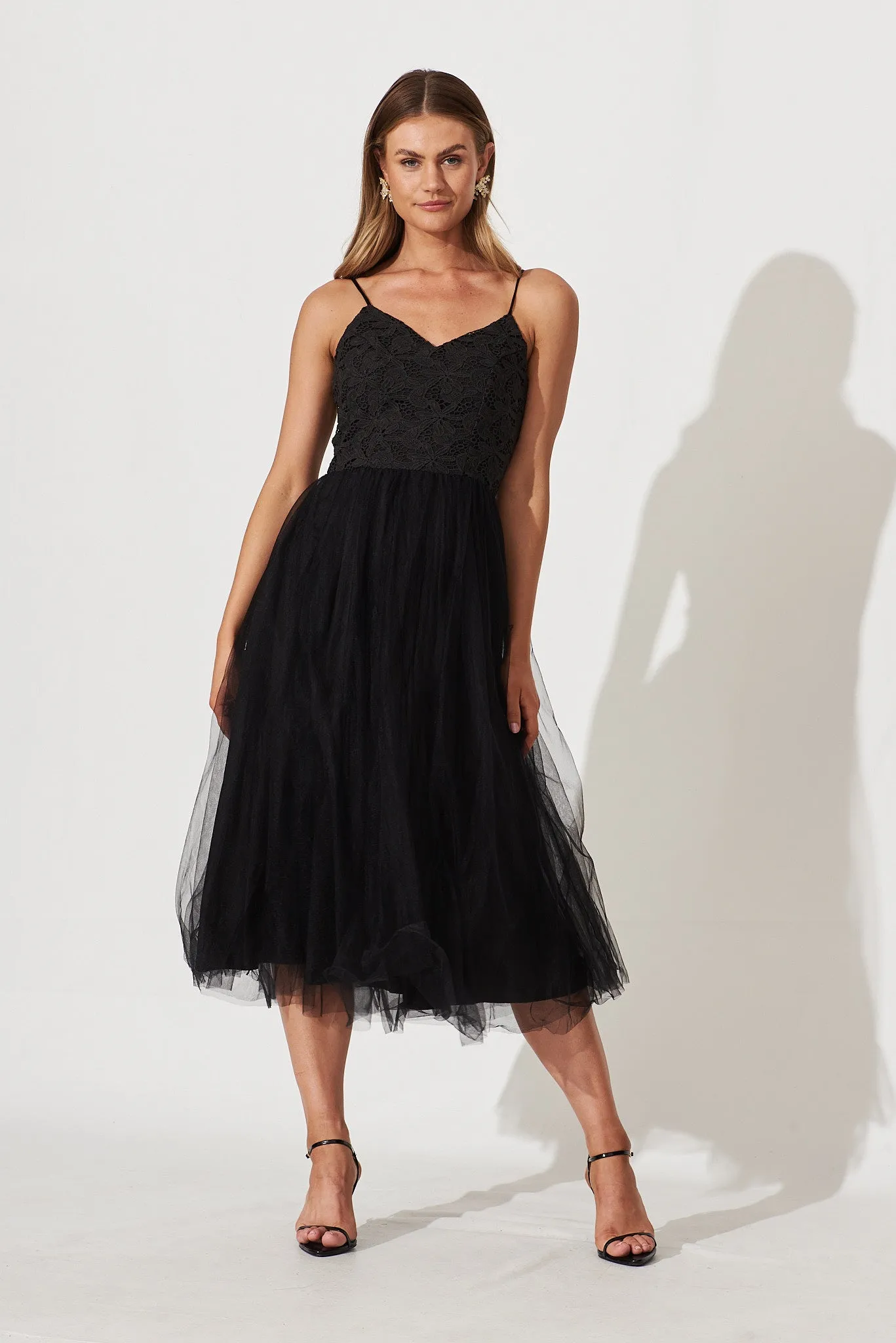 Chloe Midi Dress In Black Lace And Tulle Skirt sold by St Frock