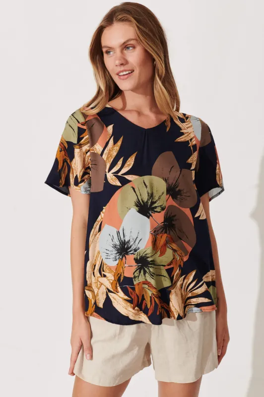 Phillipa Top In Navy Bold Floral sold by St Frock