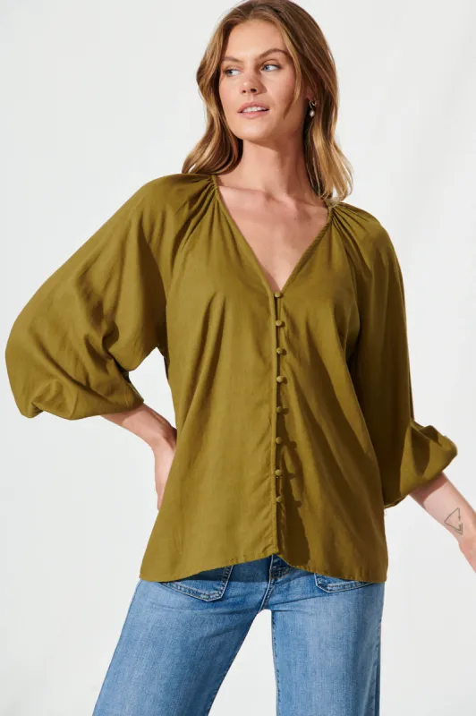 Countdown Top In Olive Linen Blend sold by St Frock