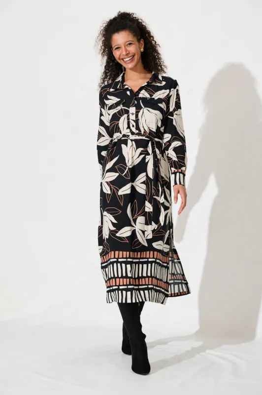 Cleo Midi Shirt Dress In Black With Cream Floral Print sold by St Frock