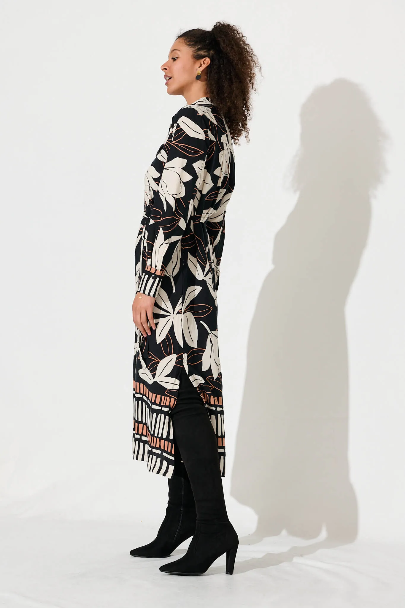 Cleo Midi Shirt Dress In Black With Cream Floral Print sold by St Frock product image thumbnail 3