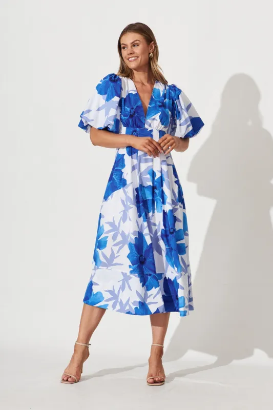 Daydreamer Midi Dress In White With Blue Flower Print sold by St Frock