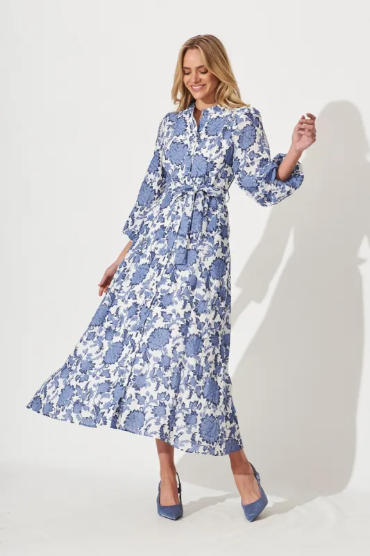 Lorie Maxi Shirt Dress In Blue With White Floral Cotton Blend sold by St Frock