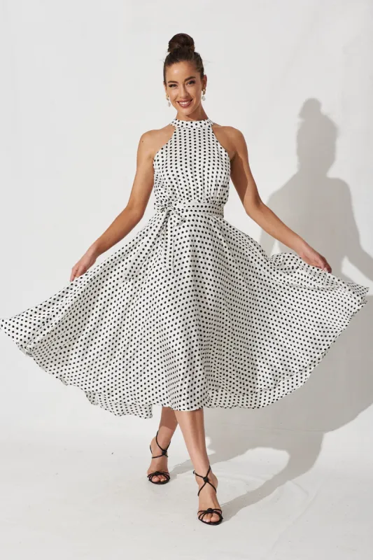 Nadia Midi Dress In White With Black Spot Satin sold by St Frock