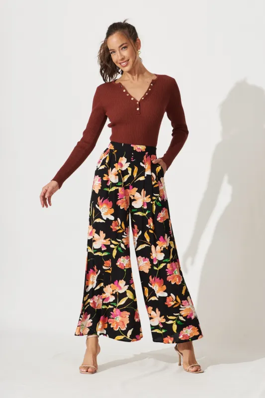 Ellia Pants In Black With Apricot Floral sold by St Frock