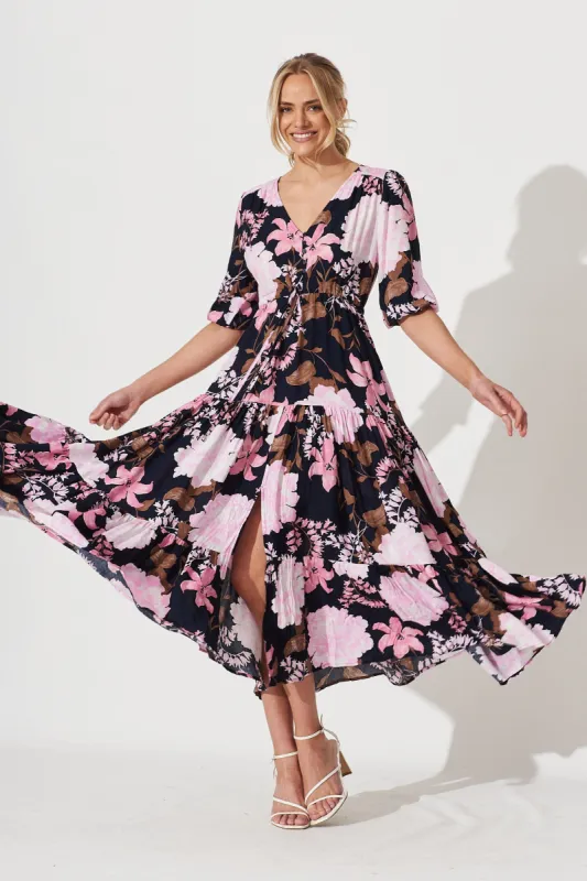 Emilia Maxi Dress In Navy With Pink And Lilac Floral sold by St Frock