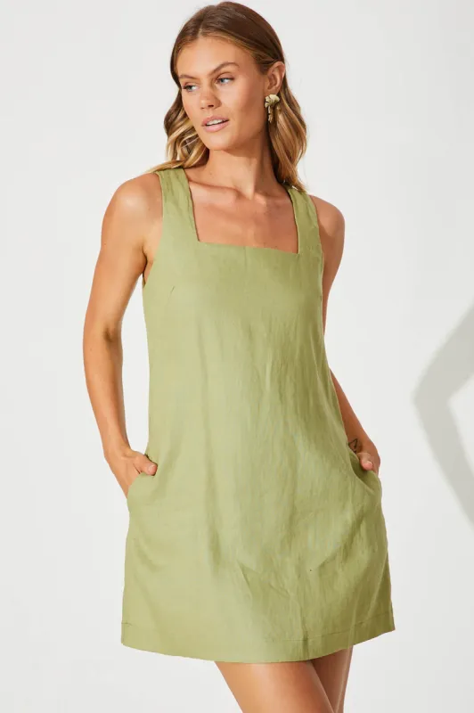 Duet Dress In Olive Pure Linen sold by St Frock
