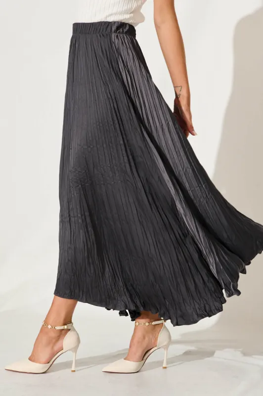 Laylah Maxi Skirt In Charcoal Crinkle Satin sold by St Frock