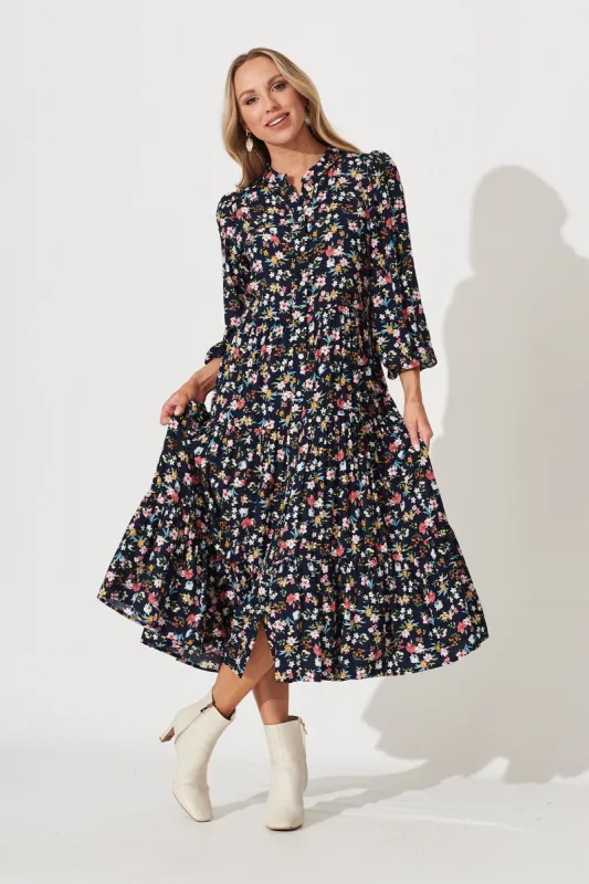 Imogen Midi Shirt Dress In Navy With Multi Floral Print sold by St Frock
