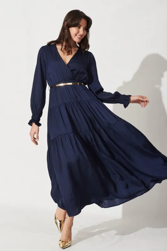 Dominique Maxi Dress In Navy Satin sold by St Frock