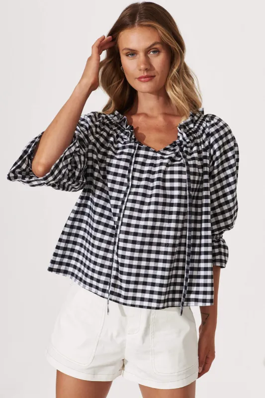 Evalyn Top In Black Gingham Check Cotton sold by St Frock