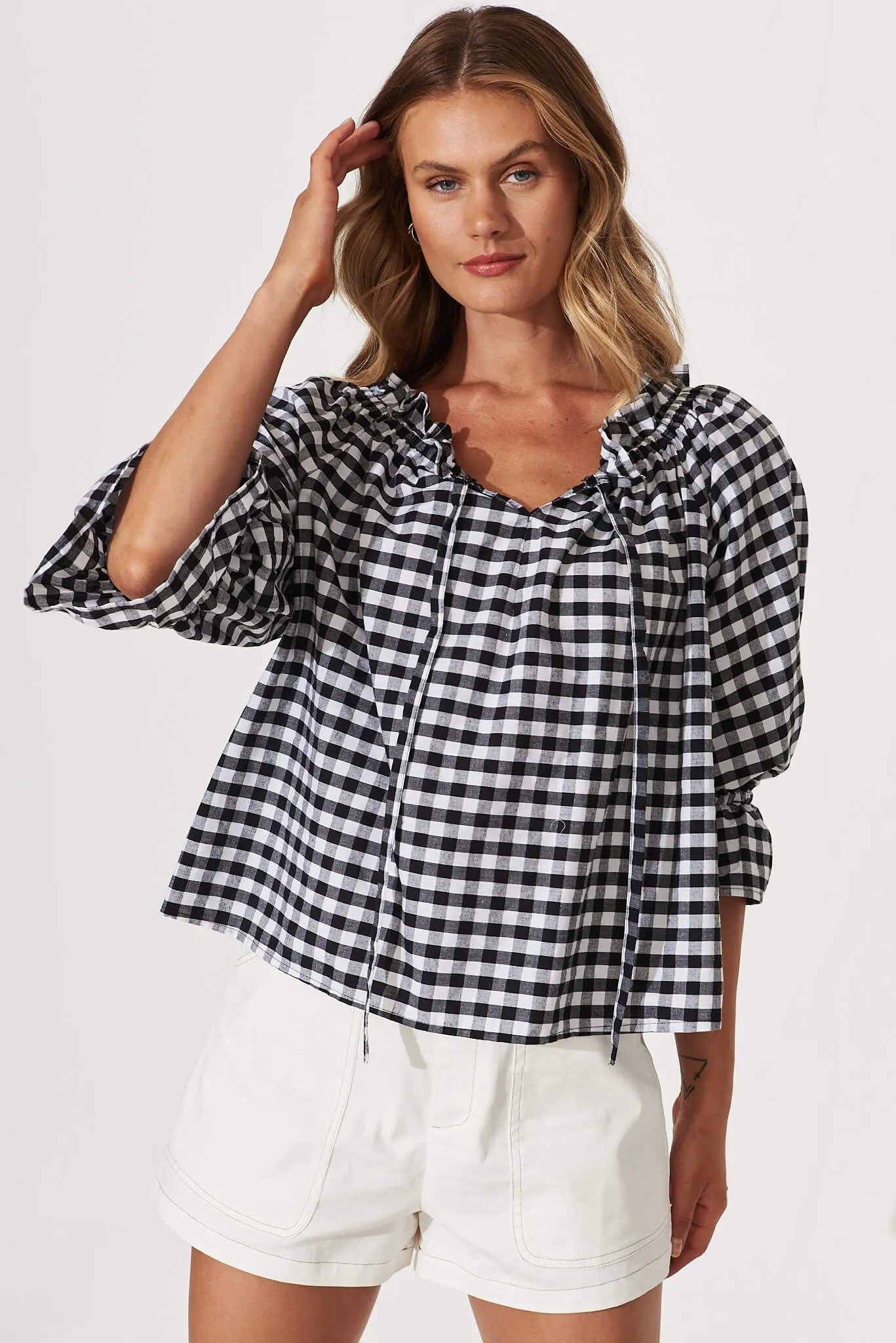 Evalyn Top In Black Gingham Check Cotton sold by St Frock