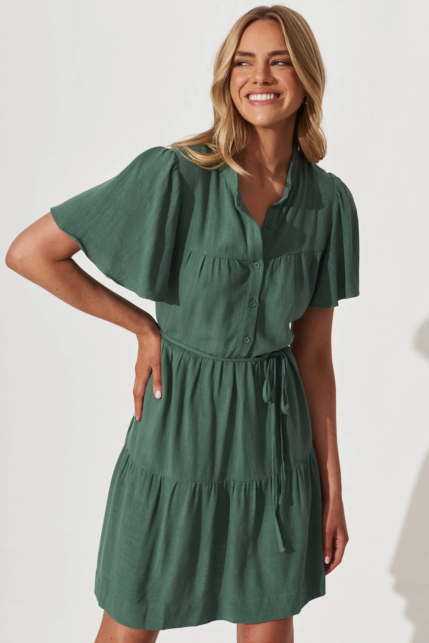 Rosemary Smock Dress In Green Linen Blend sold by St Frock