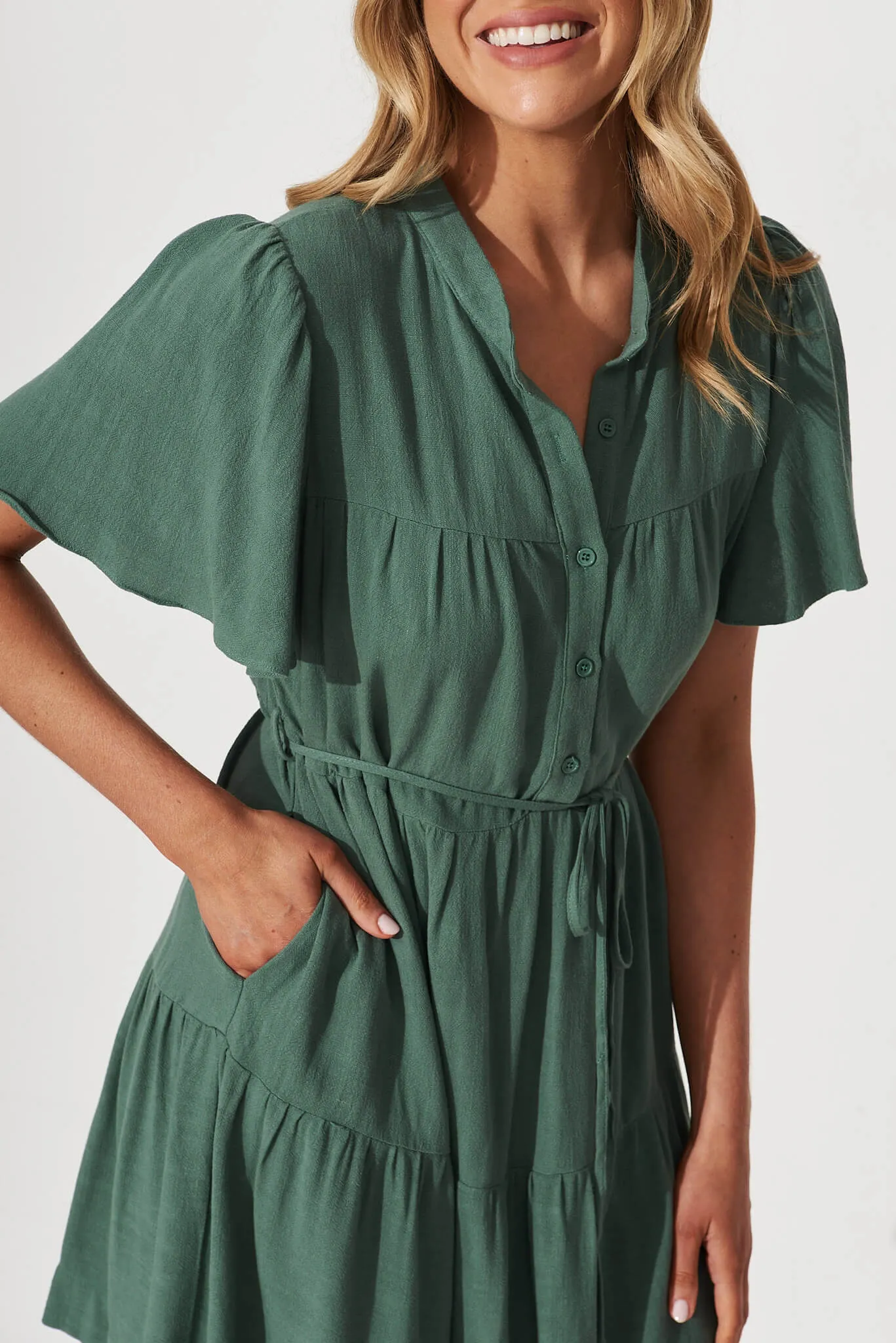 Rosemary Smock Dress In Green Linen Blend sold by St Frock product image thumbnail 5