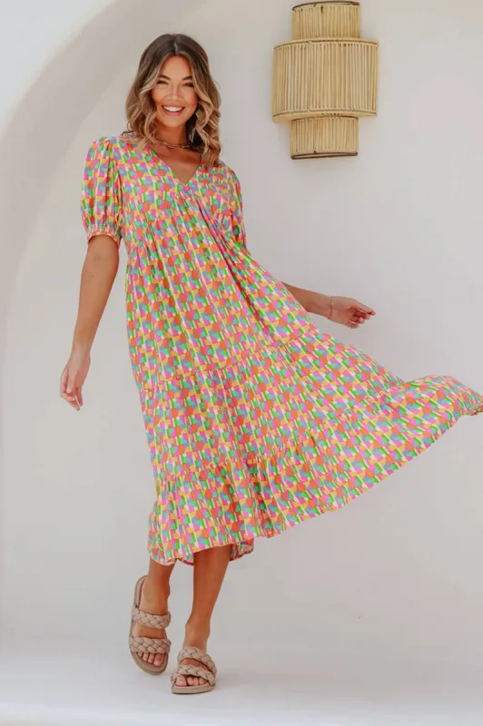 Radiate Midi Dress In Multi Geometric Print sold by St Frock
