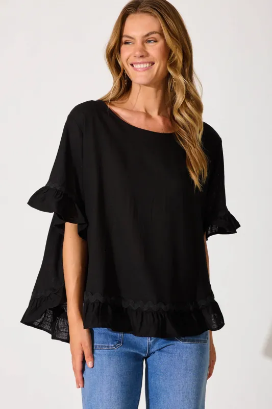 Catharina Top In Black With Ric Rac Trim Linen Blend sold by St Frock