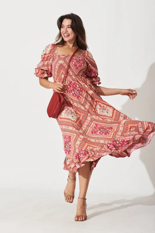 Ever Midi Dress In Coral With Floral Tile Print sold by St Frock