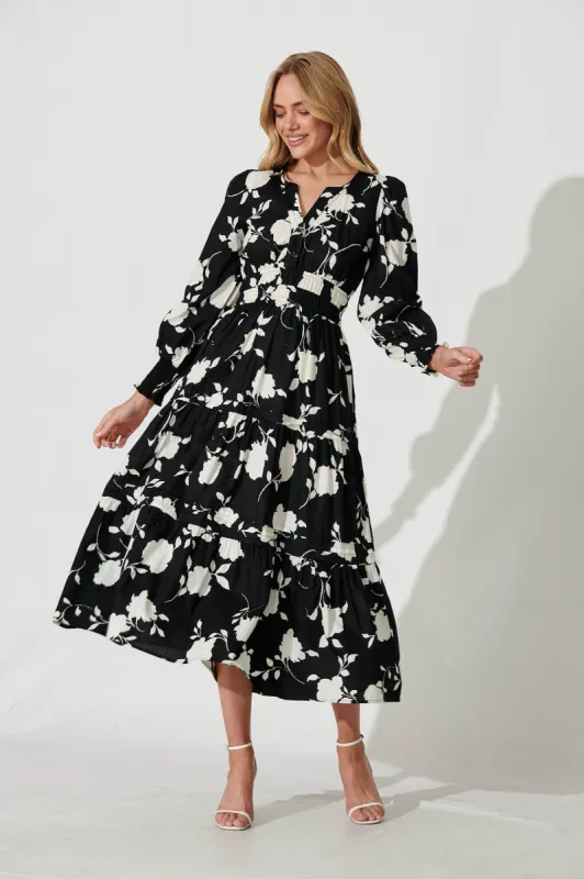 Delphine Midi Dress In Black With Cream Floral Cotton sold by St Frock