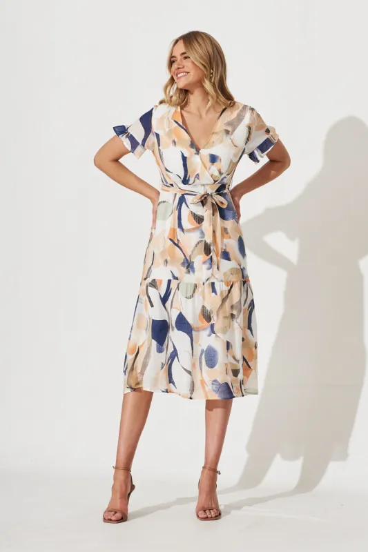 Evie Midi Dress In White Multi Swirl Print Cotton Blend sold by St Frock