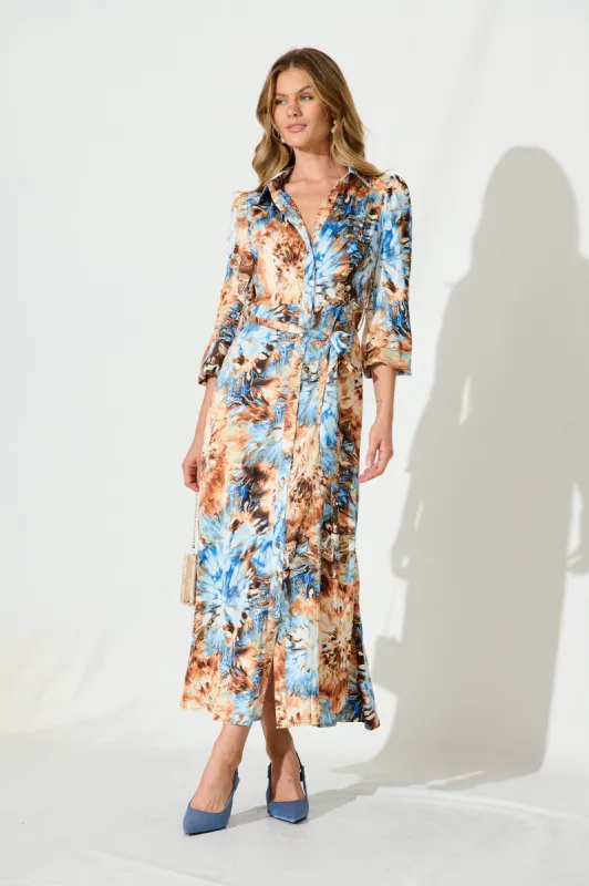 Gabrielle Maxi Dress In Blue And Tan Watercolour Satin sold by St Frock