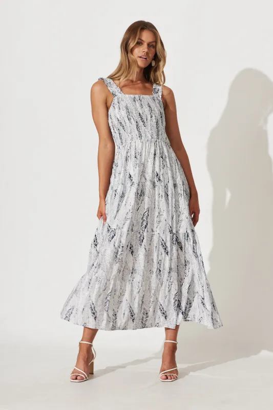 Seabrooke Maxi Sundress In White With Navy Leaf Print sold by St Frock