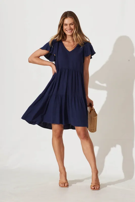 Tahiti Smock Dress In Navy Linen Blend sold by St Frock