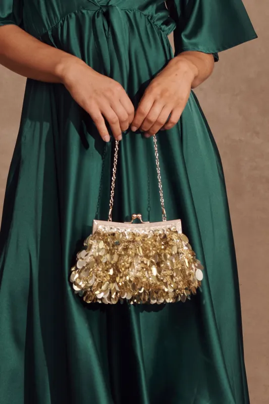 Leah Clutch Bag In Gold Sequin sold by St Frock
